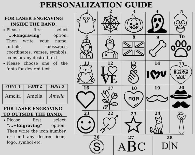 Puede incluir: Un gr&aacute;fico en blanco y negro con los n&uacute;meros del 1 al 28. Cada n&uacute;mero corresponde a un icono o s&iacute;mbolo diferente. El gr&aacute;fico se titula "Gu&iacute;a de personalizaci&oacute;n" e incluye instrucciones para el grabado l&aacute;ser dentro y fuera de una banda. Las fuentes "Amelia" se enumeran para el grabado de texto.
