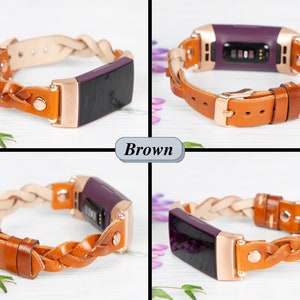 May include: A brown leather braided band with a rose gold buckle for a fitness tracker. The band is shown in four different positions.