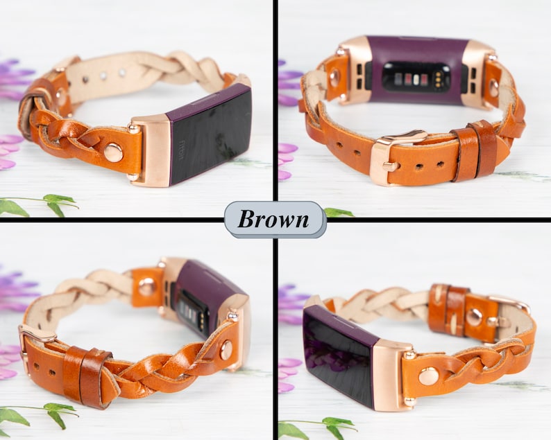 May include: A brown leather braided band with a rose gold buckle for a fitness tracker. The band is shown in four different positions.
