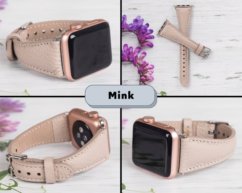 Puede incluir: Una correa de Apple Watch de cuero beige claro con una esfera de reloj de oro rosa. La correa se muestra en cuatro posiciones diferentes sobre una superficie de madera blanca. La palabra "Mink" est&aacute; escrita en un cuadro azul claro.