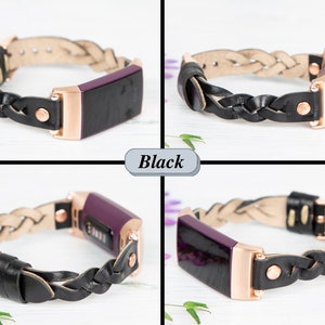 May include: Black leather braided band with rose gold hardware for a fitness tracker. The band is shown in four different positions.