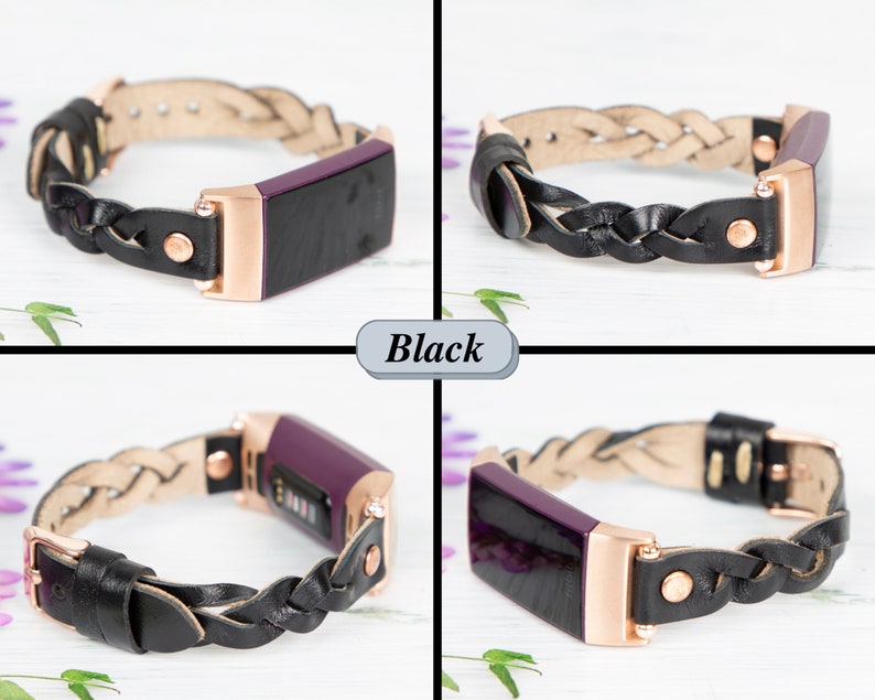 May include: Black leather braided band with rose gold hardware for a fitness tracker. The band is shown in four different positions.