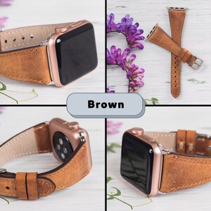 Puede incluir: Una correa de reloj de cuero marr&oacute;n para un Apple Watch. La correa se muestra en un Apple Watch de oro rosa.
