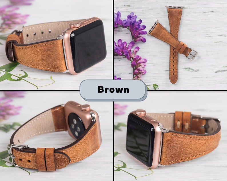 Puede incluir: Una correa de reloj de cuero marr&oacute;n para un Apple Watch. La correa se muestra en un Apple Watch de oro rosa.