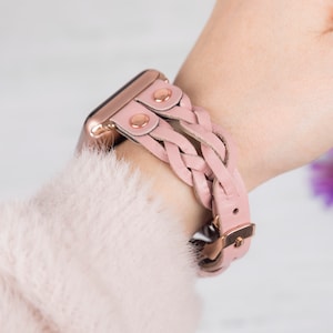 Pink Braided Leather Apple Watch Band: Double Cross Design