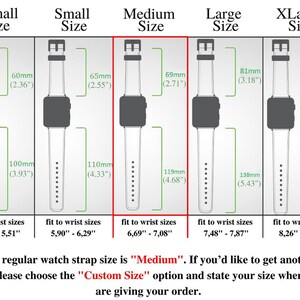 May include: Diagram showing different watch strap sizes with measurements in inches and millimeters. The sizes are X-Small, Small, Medium, Large, and X-Large. The text states that the regular watch strap size is "Medium" and that a "Custom Size" option is available.