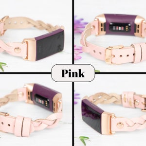 May include: A pink braided leather band for a fitness tracker. The band is made of soft, supple leather and has a braided design. The band is compatible with most fitness trackers.