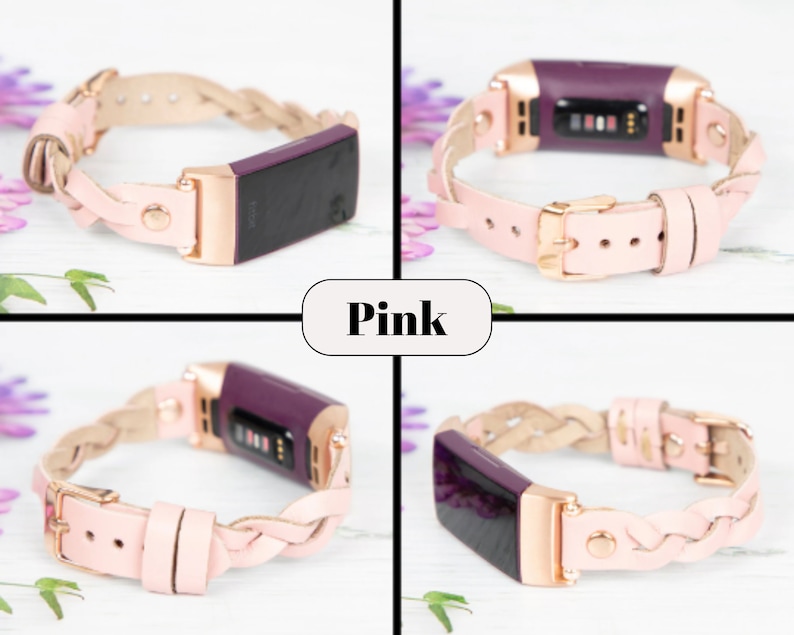 May include: A pink braided leather band for a fitness tracker. The band is made of soft, supple leather and has a braided design. The band is compatible with most fitness trackers.