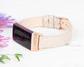 Correa de piel de visón para Fitbit Charge 4/5/6: Correa de pulsera Inspire 3 2 1 HR con tachuelas doradas