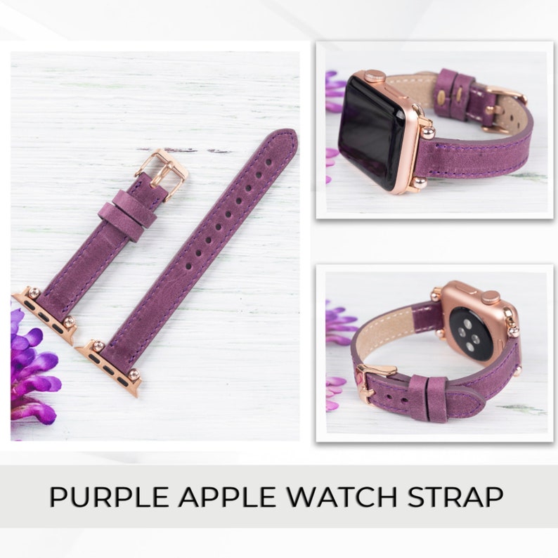 May include: Purple leather Apple Watch strap with rose gold hardware. The strap is shown on a white wooden surface.