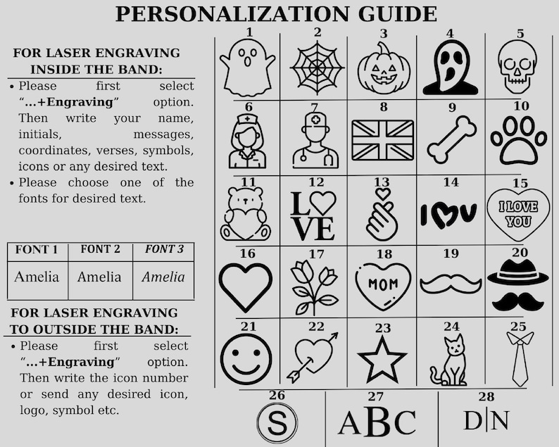 May include: A black and white chart with numbers 1 through 28. Each number corresponds to a different icon or symbol. The chart is titled "Personalization Guide" and includes instructions for laser engraving inside and outside of a band. The fonts "Amelia" are listed for text engraving.