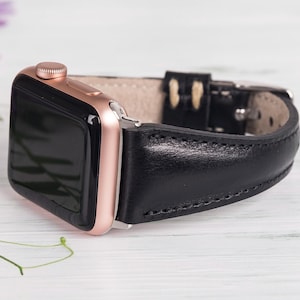 Black Leather Apple Watch Band for women, 40mm 41mm 42mm 44mm 45mm 46mm 49mm iWatch Strap Series 10 9 8 7 6 5 4 Ultra 2, Slim Design Gift