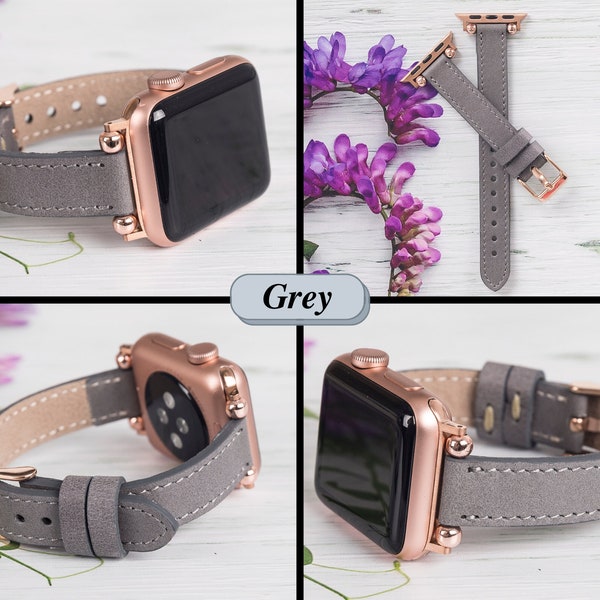 Bracelet pour Apple Watch fin 38 mm 40 mm 41 mm 42 mm 44 mm 45 mm 49 mm, bracelet en cuir fin gris pour iWatch série 9 8 7 6 5 4 3 2 SE Ultra, cadeau d'anniversaire