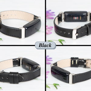 May include: Black leather band for a fitness tracker. The band has a silver buckle and is shown from four different angles.