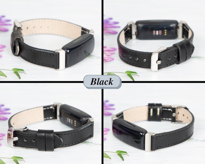 May include: Black leather band for a fitness tracker. The band has a silver buckle and is shown from four different angles.