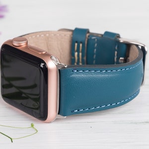 Leather Apple Watch Strap 40mm 41mm 42mm 44mm 45mm 46mm 49mm, Peacock Blue Band for iWatch All Series, Birthday & Anniversary Gift Men Women