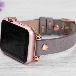 Slim Apple Watch Band 40mm 41mm 42mm 44m 45mm 46mm 49mm, Mother Gift Grey Apple Strap, Genuine Leather iWatch 10 9 8 7 6 5 4 Ultra 2 Band