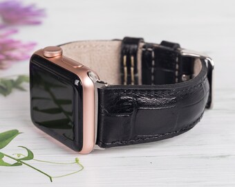 Leather Apple Watch Band for Men: Black Croc iWatch Strap