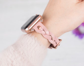 Pink Leather Braided Apple Watch Strap 38mm 40mm 41mm 42mm 44mm 45mm 49mm, Slim Watch Band for iWatch All Series, Birthday Gift for Women