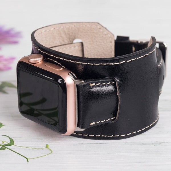 Leather Apple Watch Cuff Band 38mm 40mm 41mm 42mm 44mm 45mm 49mm Men, Women iWatch Strap for All Apple Series, Birthday Anniversary Gift