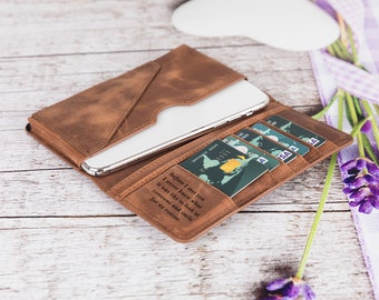 Billetera larga de cuero, regalo personalizado, billetera de cuero con soporte para teléfono, billetera hecha a mano de diseño delgado, billetera con tarjetero personalizada