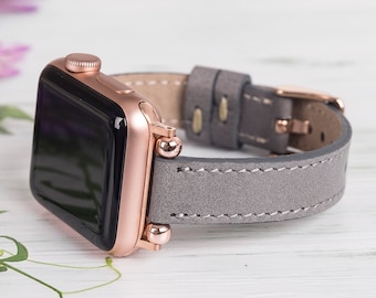 Slim Grey Leather Apple Watch Band: iWatch Series 1-11, SE, Ultra 3-2-1