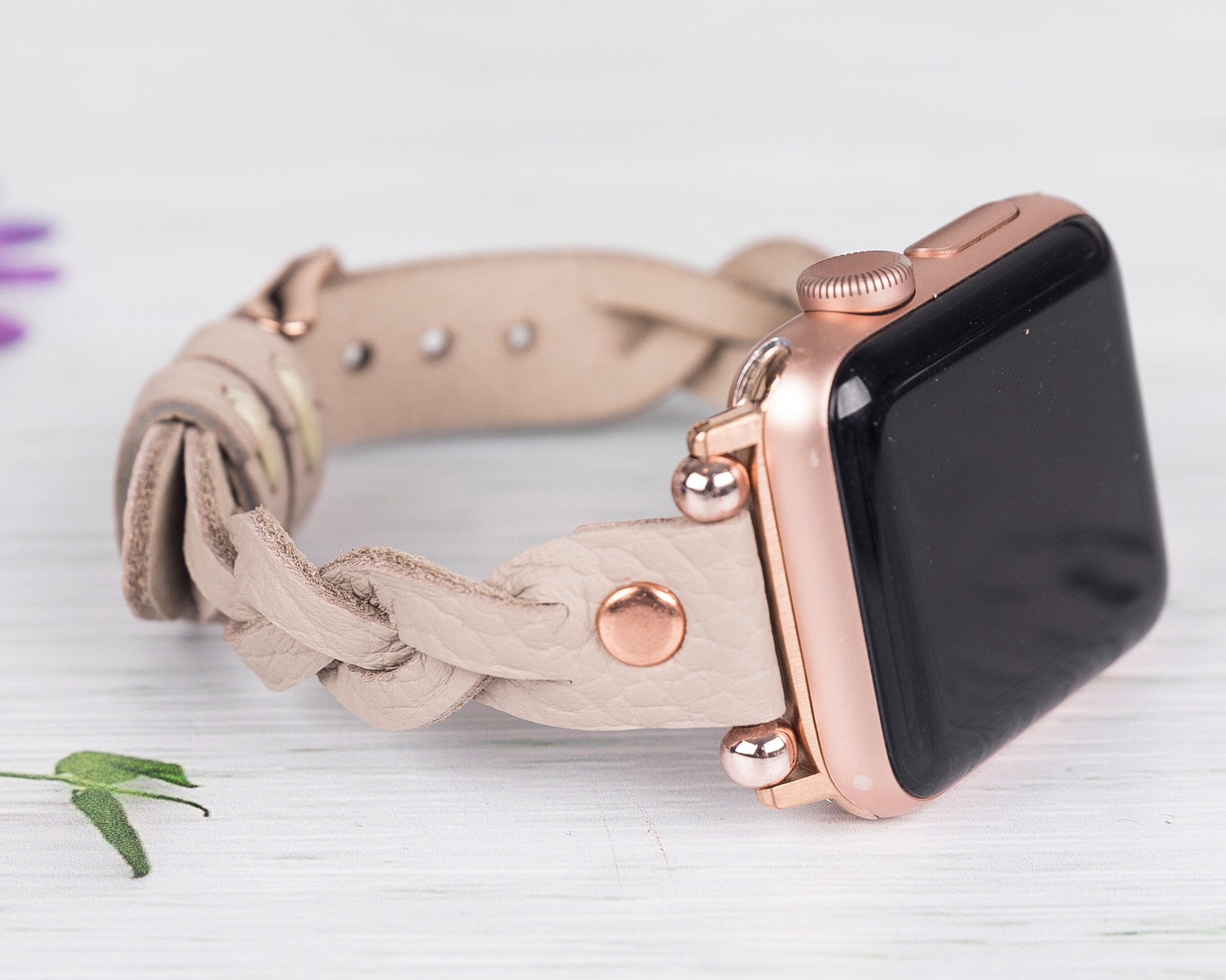 スリム編み込みレザー Apple Watch バンド: ミンク iWatch ストラップ