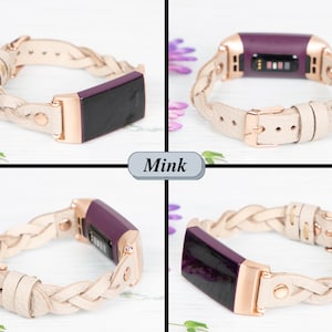 May include: A braided leather band for a fitness tracker in a light beige color with rose gold hardware. The band is shown with a purple fitness tracker. The band is labeled "Mink".