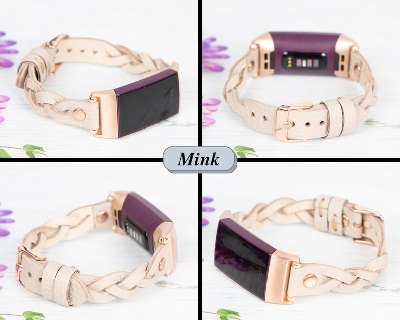 May include: A braided leather band for a fitness tracker in a light beige color with rose gold hardware. The band is shown with a purple fitness tracker. The band is labeled "Mink".