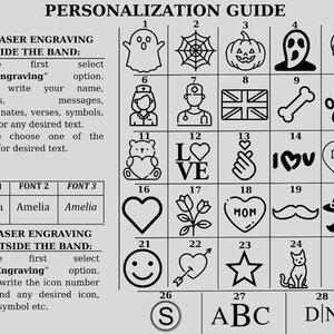 May include: A black and white chart with numbers 1 through 28. Each number corresponds to a different icon or symbol. The chart is titled "Personalization Guide" and includes instructions for laser engraving inside and outside of a band. The fonts "Amelia" are listed for text engraving.
