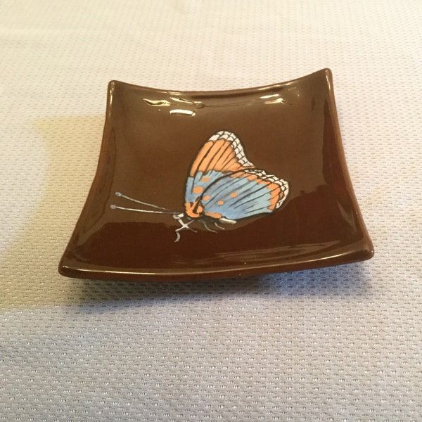 Butterfly, Hand Painted on Cinnamon colored glass, Trinket dish, ring dish, coin collector