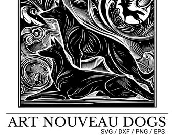 Art Nouveau Dog Engraving Clipart Digital Clip Art, Instant Download, Fantasy Black Dog Clip Art Png Svg DXF EPS Silhouette Unique