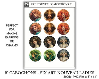 Art Nouveau Round 2" Cabochons Printable Digital Clip Art, Instant Download, 1890s Ladies Goddess Clip Png For Jewelry Making Scrapbooking