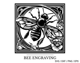 Art Nouveau Bee Engraving Clipart Digital Clip Art, Instant Download, Fantasy Black and White Bee Clip Art Png Svg DXF EPS Silhouette