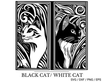 Art Nouveau Cat Engraving Clipart Digital Clip Art, Instant Download, Fantasy Black and White Cats Clip Art Png Svg DXF EPS Silhouette