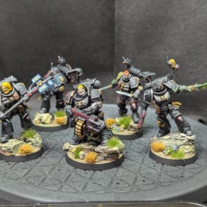 May include: A group of six miniature figurines of armored soldiers, each with unique weapons and poses. The figures are painted in black, gray, and gold, with detailed armor and weaponry. They stand on small, textured bases with miniature foliage.