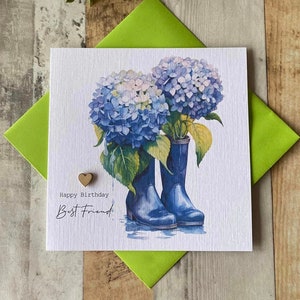 Verjaardagskaart blauwe regenlaarzen met hortensia - moeder - vriend - oppas - vrouw - dochter - gepersonaliseerd - Floral Welly - 30e - 40e - 60e - 70e