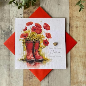Cartão de aniversário Red Poppy Wellies - Mãe - Amiga - Babá - Esposa - Filha - Personalizado - Welly floral - 30º - 40º - 60º - 70º