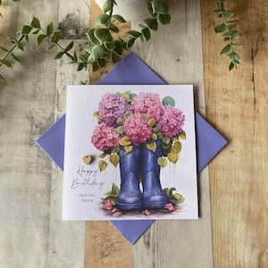Blue Hydrangea Wellies Birthday Card - Mum - Friend - Nanny - Wife - Daughter - Personalised  - Floral Welly - 30th - 40th - 60th - 70th