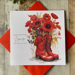 Rote Mohnstiefel Geburtstagskarte – Mutter – Freundin – Nanny – Frau – Tochter – Personalisiert – Blumenstiefel – 30