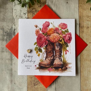 Carte d'anniversaire des bottes de randonnée chrysanthues d'automne - maman - amie - femme - fille - personnalisée - botte florale - 30e-40e-60e-70e