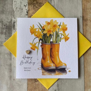Gelbe Narzissen-Gummi-Gummi-Gummi-Geburtstags-Karte - Mutter - Freundin - Nanny - Frau - Tochter - personalisiert - Blumen-Gummistiefel - 30 - 40 - 60 - 70