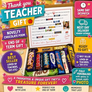 以下が含まれることがあります： Picnic、Wispa、Boost、Milky Way、Time Out、Kinder、Aero Peppermintなどのチョコレートバーが入ったギフトボックス。蓋の内側には、ブランド名が組み込まれた詩が印刷されています。