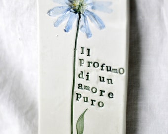 Handmade ceramic nameplate with embossed flowers