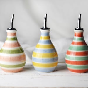 Handmade ceramic cruet decorated with stripes, customizable wedding favors