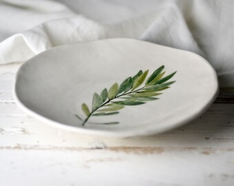 Handmade ceramic centerpiece plate with imprinted olive tree