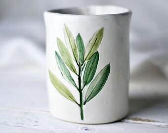 Handmade ceramic pen holder with olive tree imprinted and hand painted