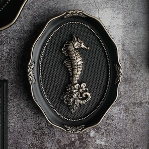 Gothic Seahorse Sculpture, Black and Gold Victorian Wall Art
