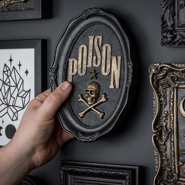 Poison wall art skull & crossbones sculpture gothic home decor original black gold hand painted art work.