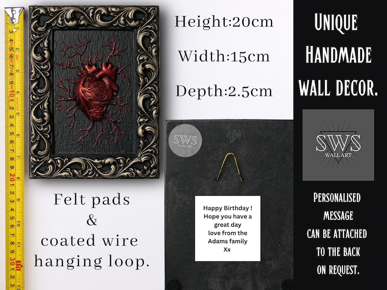 Peut inclure: D&eacute;coration murale en forme de c&oelig;ur anatomique encadr&eacute;e avec un c&oelig;ur rouge et des veines noires sur fond noir. Le cadre est orn&eacute; et argent&eacute; avec des accents dor&eacute;s. La pi&egrave;ce mesure 20 cm par 15 cm par 2,5 cm. Elle comprend des coussinets en feutre et une boucle de suspension en fil recouvert.